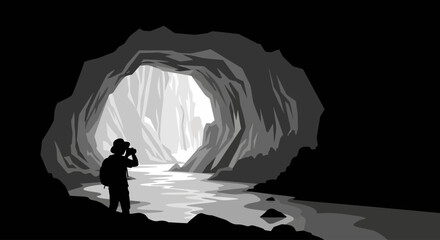 explorer silhouetted at cave entrance unveiling hidden wonders symbolizing discovery adventure and the uncharted path ahead