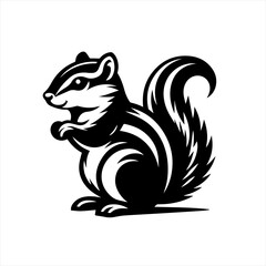 Stylized black and white chipmunk illustration with a bushy tail