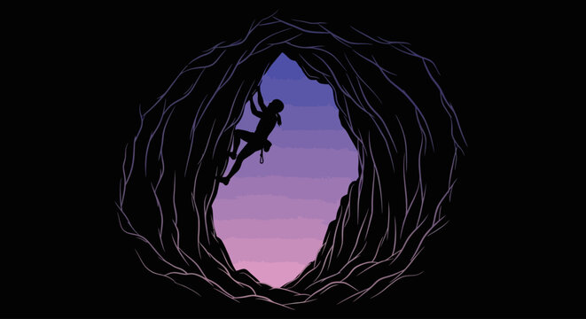 woman climber silhouette emerging from cave at sunset overcoming challenges achieving success reaching new heights