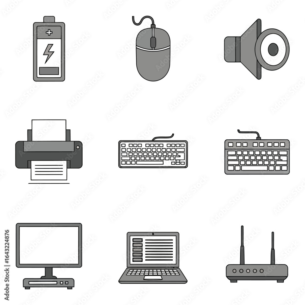 Poster art of collection of computer hardware and accessories icons isolated on white background
