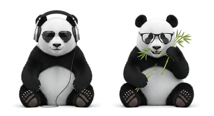 Obraz premium Two Pandas: One with Headphones and Sunglasses, One Eating Bamboo with Glasses