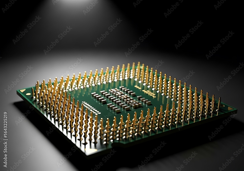 Poster closeup of a computer processor cpu with gold pins, highlighting its intricate electronic components