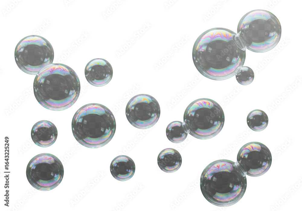 Poster collection of iridescent soap bubbles with reflections, isolated on transparent background
