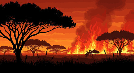 savannah sunset blaze illustrating the fierce beauty and devastating power of wildfires in african landscapes for environmental awareness campaigns