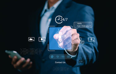 AI chatbot support and 24/7 virtual assistant concept with futuristic contact icons, automation, AI-powered chatbot on tablet, digital business support, artificial intelligence conversation bot.