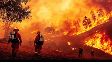 Brave Firefighters Courageously Combat Intense Wildfire Blaze in Challenging Rugged Terrain Areas