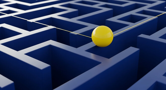 Yellow Sphere Navigating Through a Complex Blue Maze in a Minimalist 3D Environment
