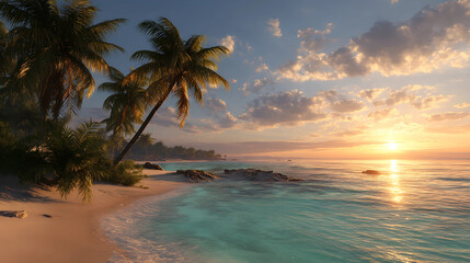 Fototapeta premium Tropical Paradise: A breathtaking scene of a tropical beach, featuring swaying palm trees against the backdrop of a radiant sunset, capturing the essence of a perfect getaway. 