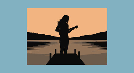 serene sunset silhouette woman playing ukulele on lakeside dock peaceful evening music solitude relaxation and tranquility