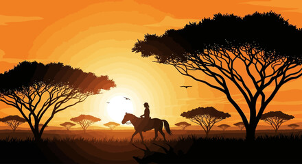 silhouette of a rider on horseback at sunset in the african savanna evoking freedom adventure and the untamed beauty of nature