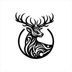 Obraz premium Stylized black and white deer head emblem with intricate tribal patterns