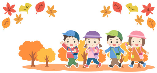秋の遠足に出かける子供たちのイラスト