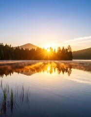 Fototapeta premium Serene sunrise over calm lake, misty shoreline, sun reflecting on still water, mountain silhouette