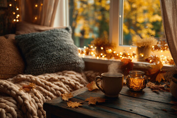 Warm Autumn Room with Wooden Table and Fall Leaves