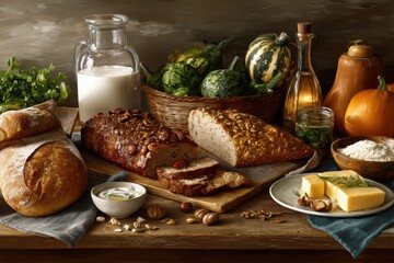 Autumn Harvest Still Life: Bread, Pumpkins & Nuts