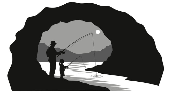 silhouette of father and daughter fishing under a cave at night a peaceful family bonding moment perfect for fathers day family vacation or outdoor recreation websites and blogs