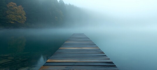 Obraz premium Enchanting Wooden Dock Extending into a Tranquil Misty Lake Water Scene, Pathway to Serene Escape