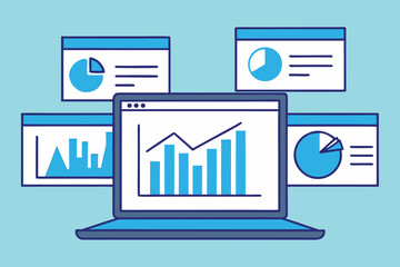 Laptop displaying financial data and statistical charts representing business analytics and growth