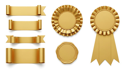 Collection of golden award ribbons, rosettes, and seals isolated on white background
