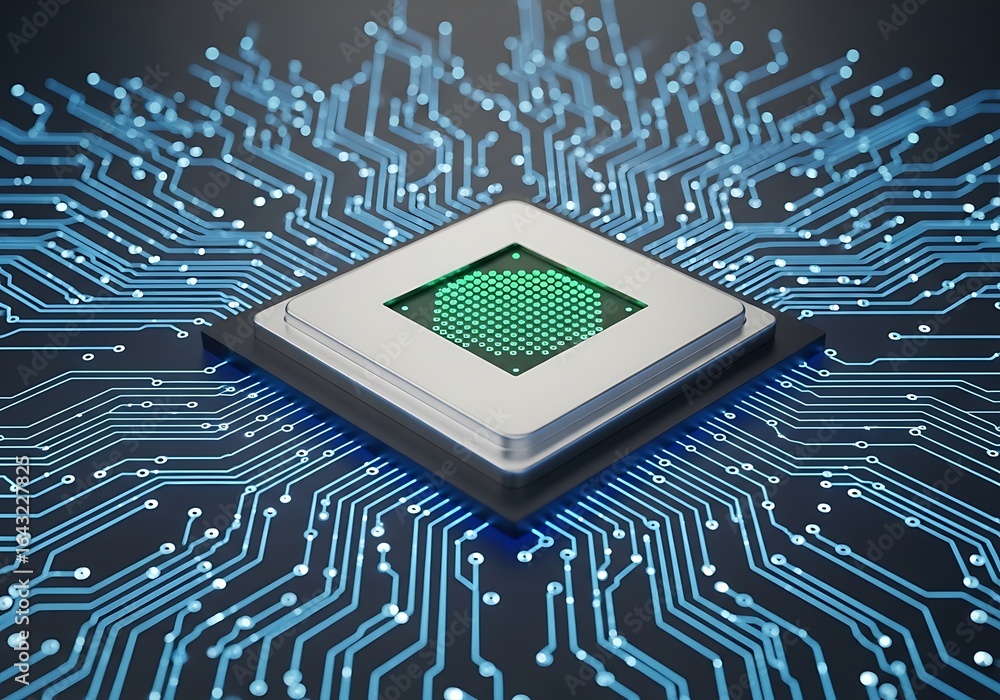 Poster detailed macro shot of a central processing unit cpu chip with intricate blue illuminated circuitry,