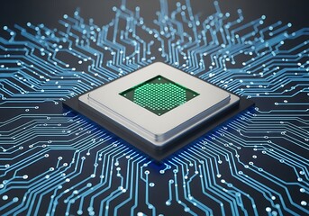 Detailed macro shot of a central processing unit cpu chip with intricate blue illuminated circuitry, representing cuttingedge computer hardware and technology