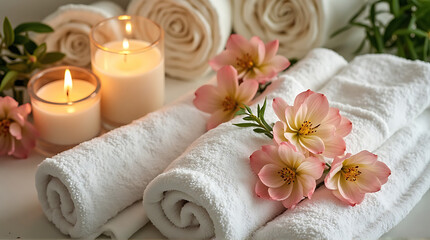 Spa flat lay with white towels, candles, and tropical flowers, soft light