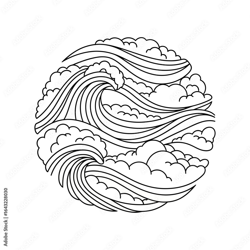 Poster a circular illustration depicts stylized waves and clouds creating a dynamic swirling pattern.