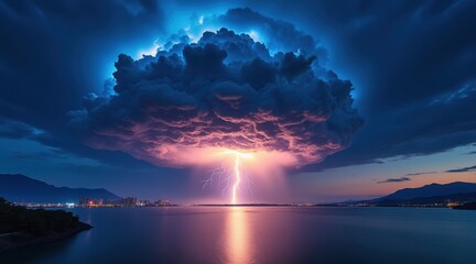 Powerful lightning strike illuminates dramatic storm clouds over calm water