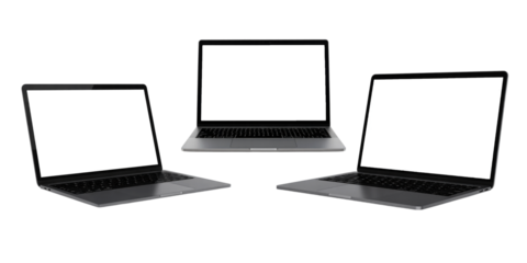 Laptop Mock‑Up Trio – Three Black Keyboard Computers with Blank White Screens, Front and Angled Views, Transparent Background