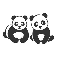 Fototapeta premium Cute black and white silhouettes of two sitting pandas with big eyes and smiles, on white background. Vector art for kids, wildlife, and adorable animal themes.