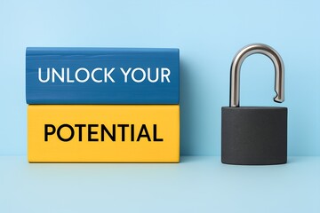 Unlock your potential concept showing an open padlock next to blocks with the words unlock your potential on a blue background