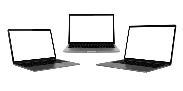 Laptop Mock‑Up Trio &ndash; Three Black Keyboard Computers with Blank White Screens, Front and Angled Views, Transparent Background