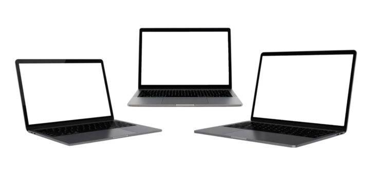 Laptop Mock‑Up Trio – Three Black Keyboard Computers with Blank White Screens, Front and Angled Views, Transparent Background
