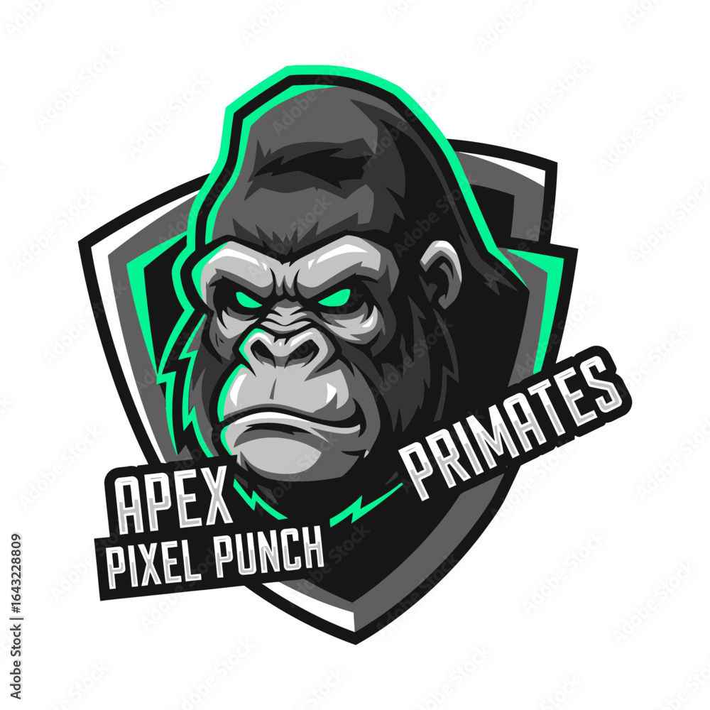 Poster a gorilla head graphic within a shield design featuring text elements.