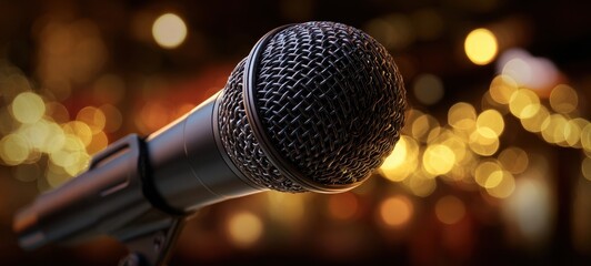 The microphone ready for an electrifying performance under sparkling lights.