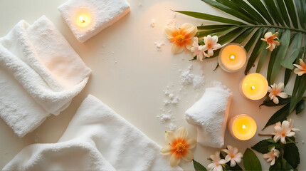 Spa flat lay with white towels, candles, and tropical flowers, soft light