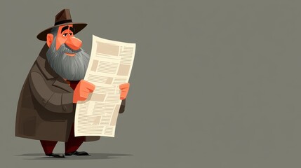 Curious reader engaged in news cozy library cartoon style illustration warm atmosphere front view informative concept