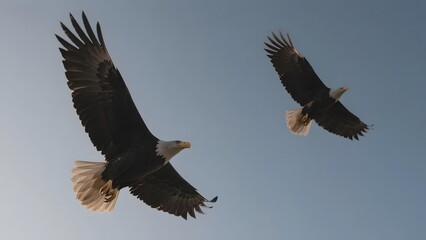 Two Bald Eagles Soaring in the Clear Sky