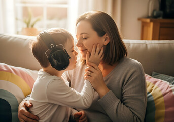 Mother holding hands with neurodivergent child with noise cancelling headphone in warm living room light showing emotional connection and support