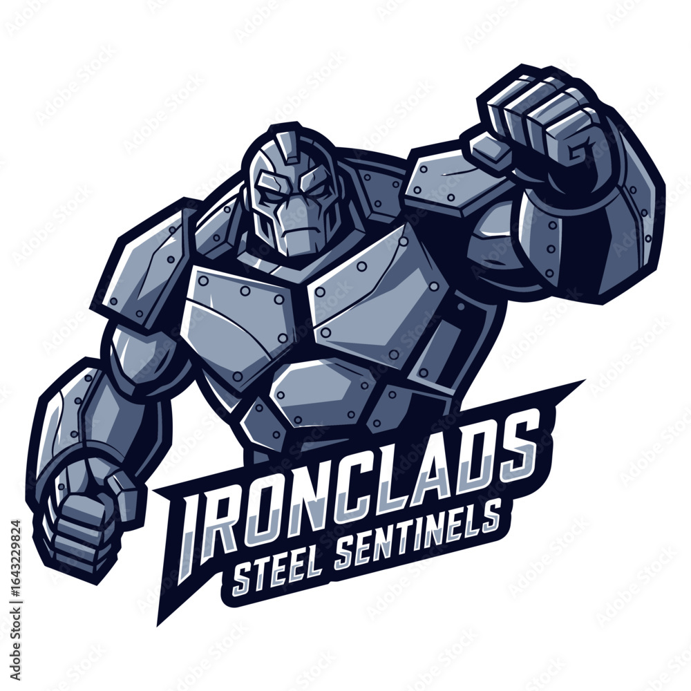 Poster a stone-like figure with raised fist and a logo with text below.