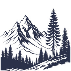 A beautiful mountain landscape with a pine forest. A black and white vector illustration perfect for nature, adventure, and outdoor travel themes.
