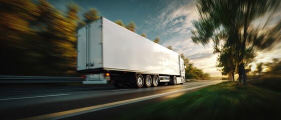 The speeding truck on a scenic highway during a beautiful sunset.