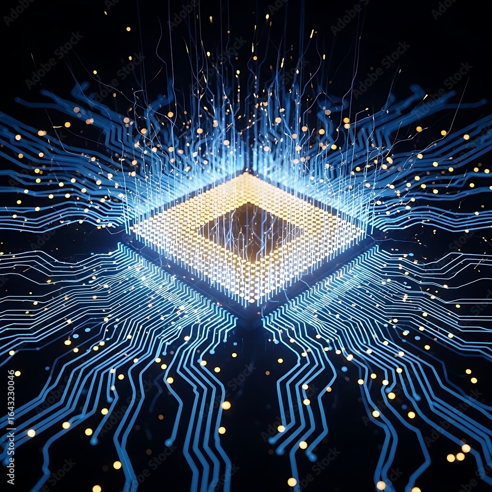 Poster abstract glowing blue circuit board with a central processor, symbolizing advanced technology and di