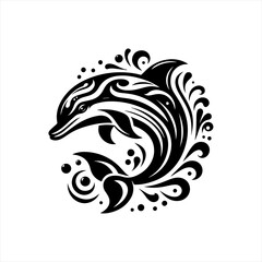 Fototapeta premium Tribal style black dolphin with swirling water elements