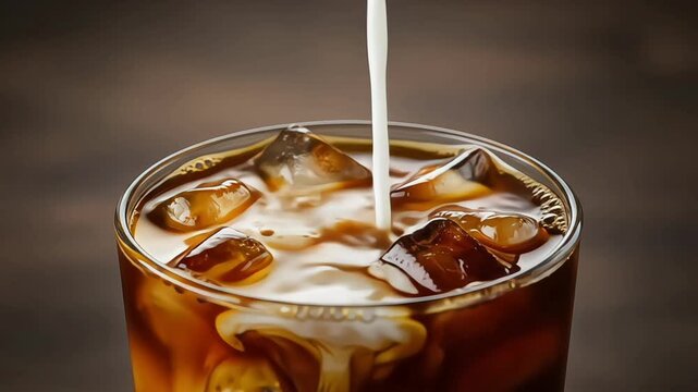 A refreshing cold brew coffee with cream swirling into it.