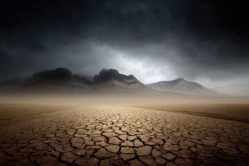 A cracked, arid landscape stretches toward mountains shrouded in a stormy sky