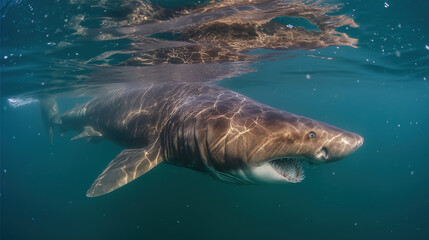 Naklejka premium Large shark swimming gracefully underwater, showcasing its powerful body and sharp teeth, surrounded by clear blue ocean water, highlighting marine life and aquatic beauty