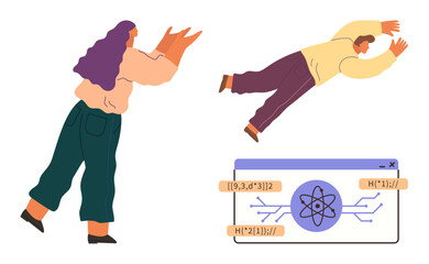 People interacting with digital elements of physics, mathematical formulas, and scientific data visualization. Ideal for teamwork, education, science, innovation, creative problem-solving