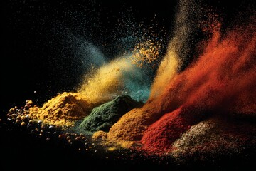 Naklejka premium Colorful spices exploding into the air against a black background.