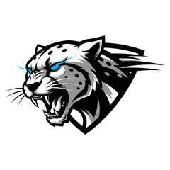 Fototapeta premium A stylized jaguar head with sharp teeth and intense blue eyes.